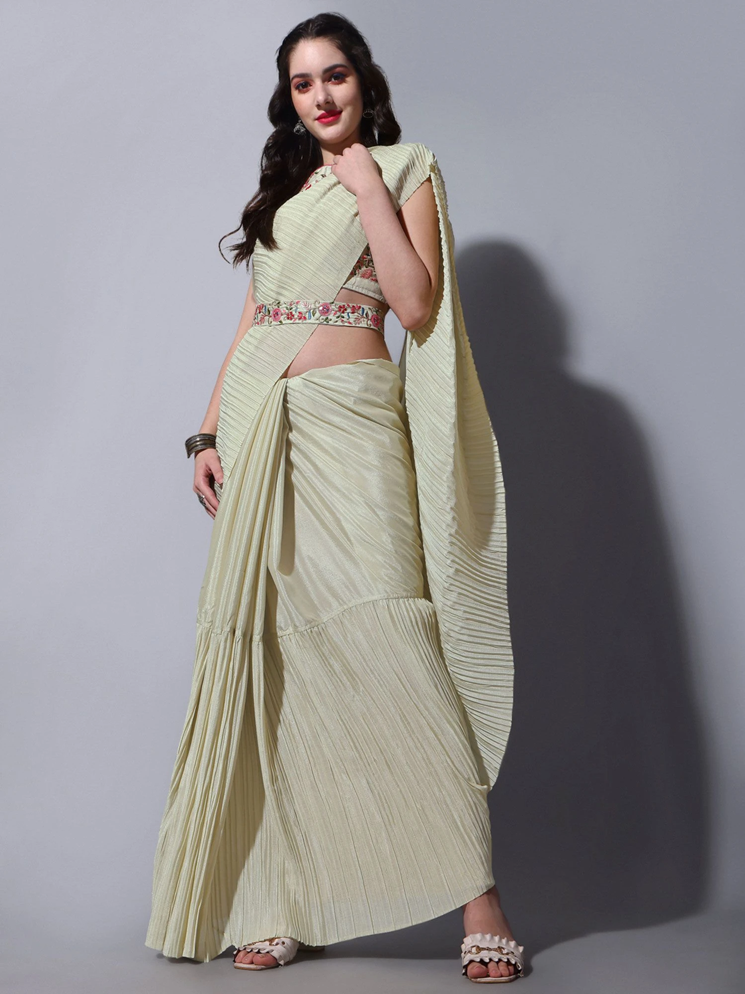 Cream Party Wear Saree With Embroidered Blouse 3 Cream Party Wear Saree With Embroidered Blouse
