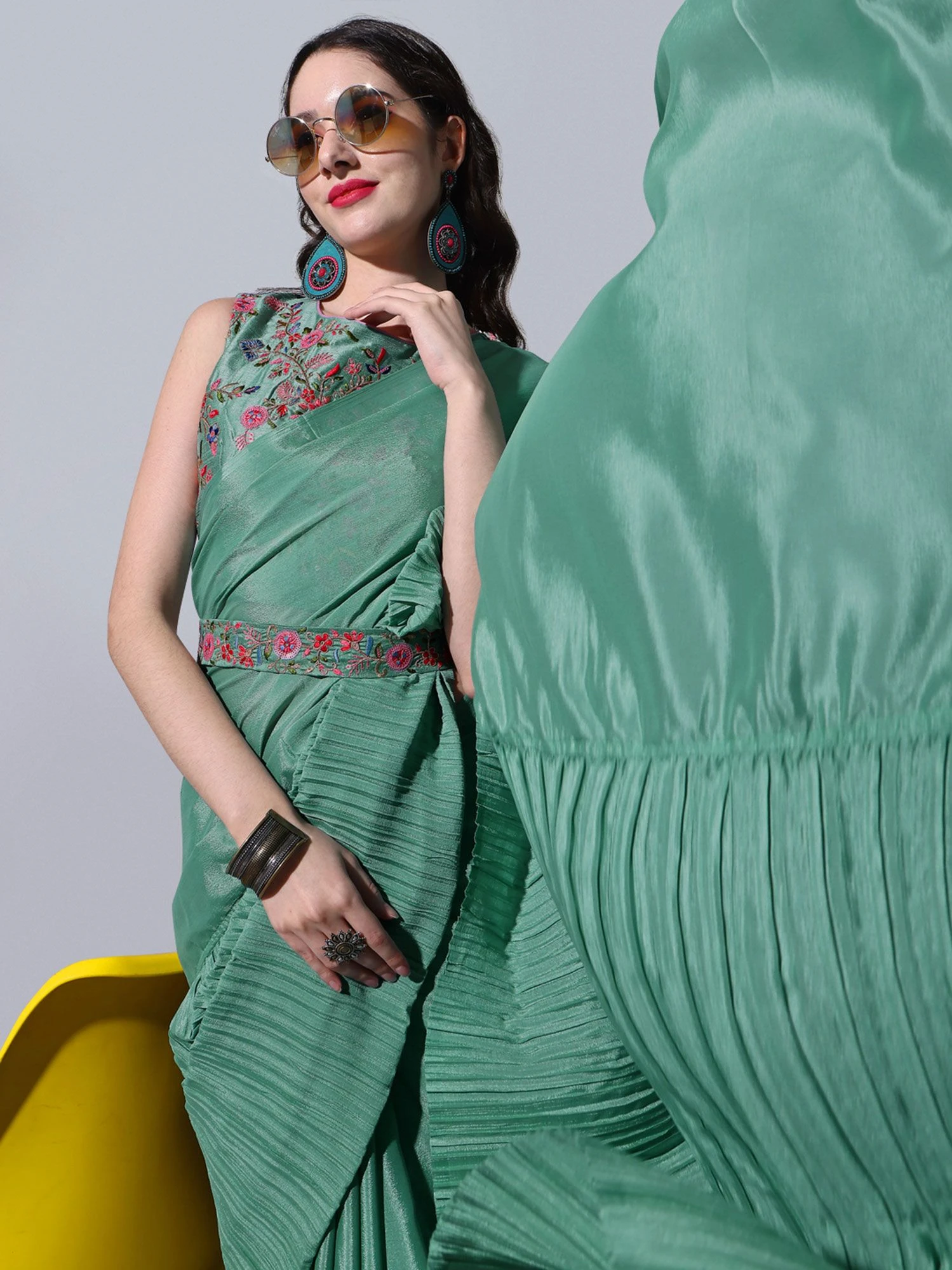 Green Pleated Style Saree In Crepe 4 Green Pleated Style Saree In Crepe - Image 2