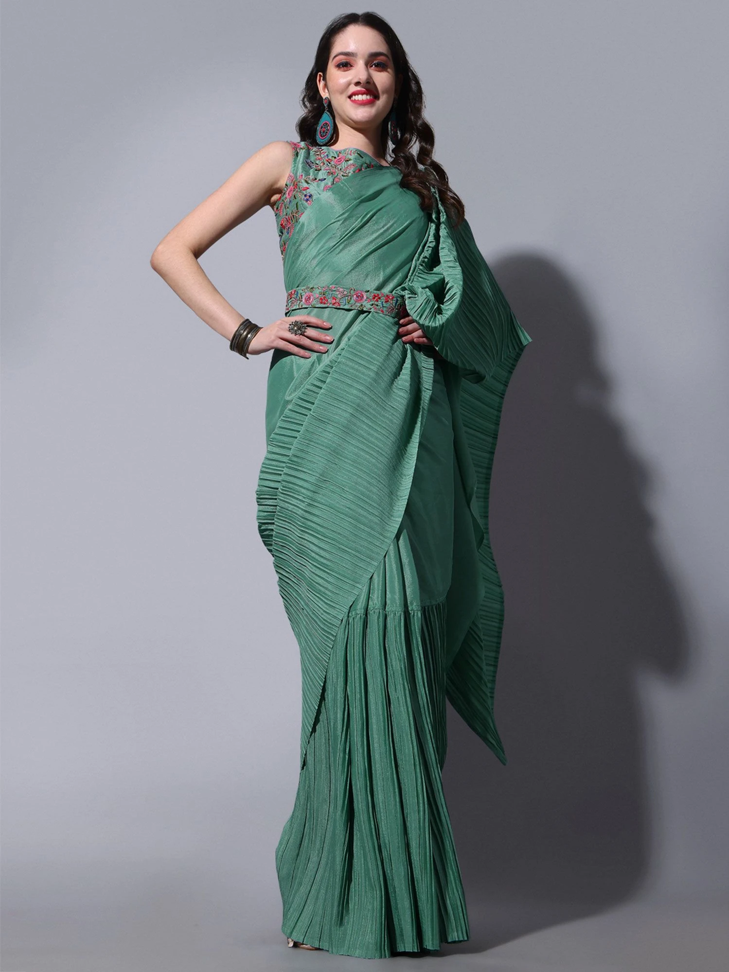 Green Pleated Style Saree In Crepe 3 Green Pleated Style Saree In Crepe