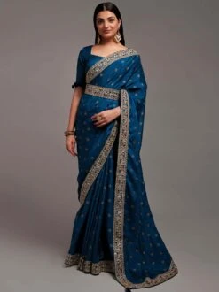 Blue Festive Wear Embroidered Saree In Crepe