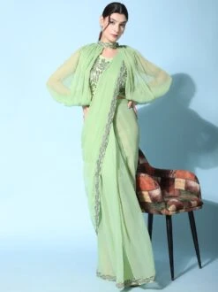 Green Pre-Stitched Jacketed Sari In Organza -Riwaayat Store p2230sr01 2