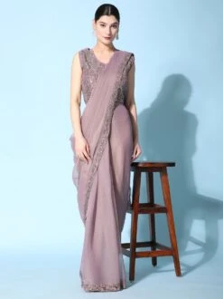 Purple Embroidered Jacket Style Saree