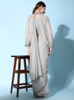 Grey Jacket Style Pre-Stitched Sari In Organza -Riwaayat Store p2230sr03 2