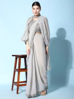Grey Jacket Style Pre-Stitched Sari In Organza