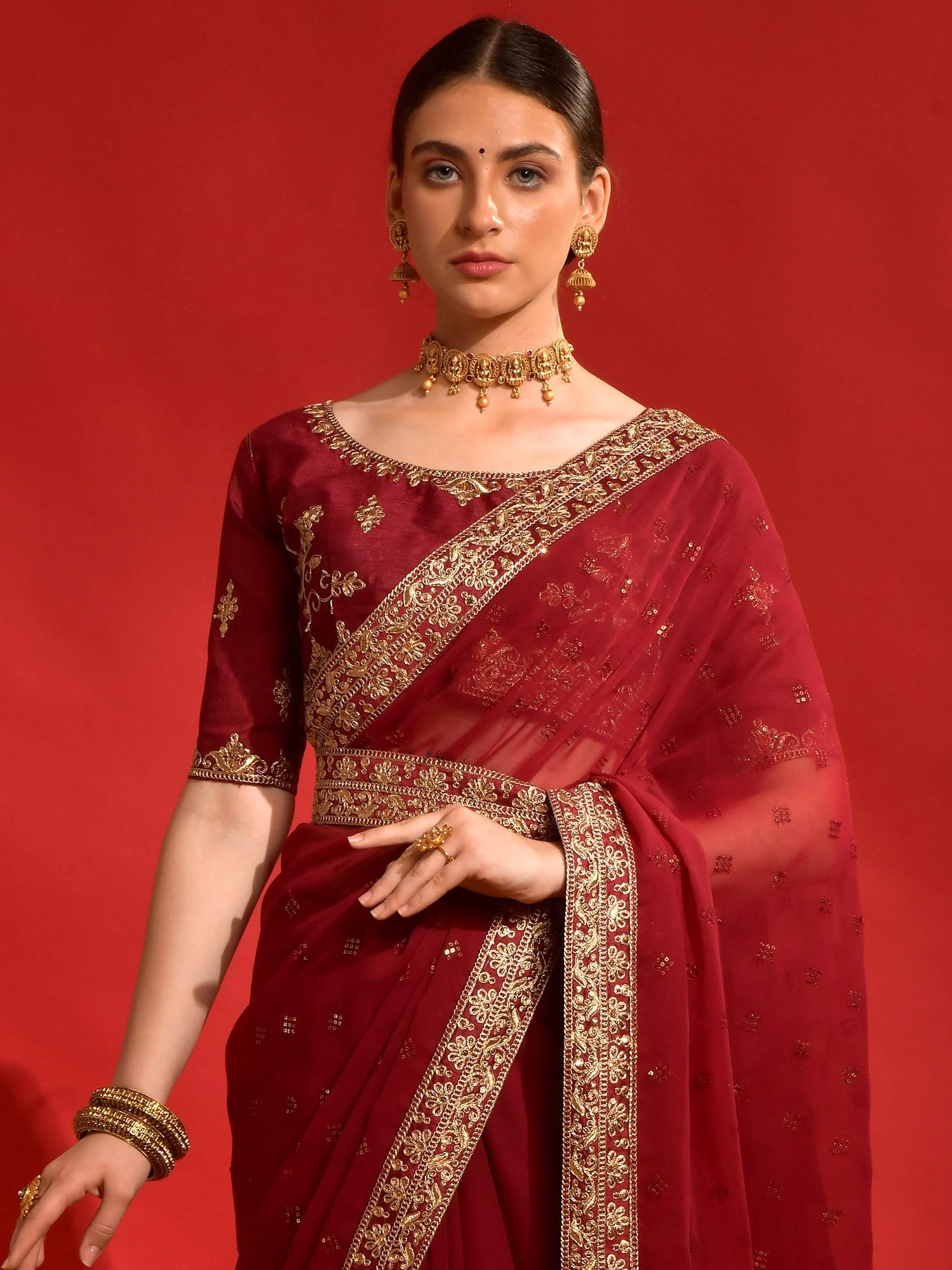 Red Zari Embroidered Saree In Georgette 4 Red Zari Embroidered Saree In Georgette - Image 2