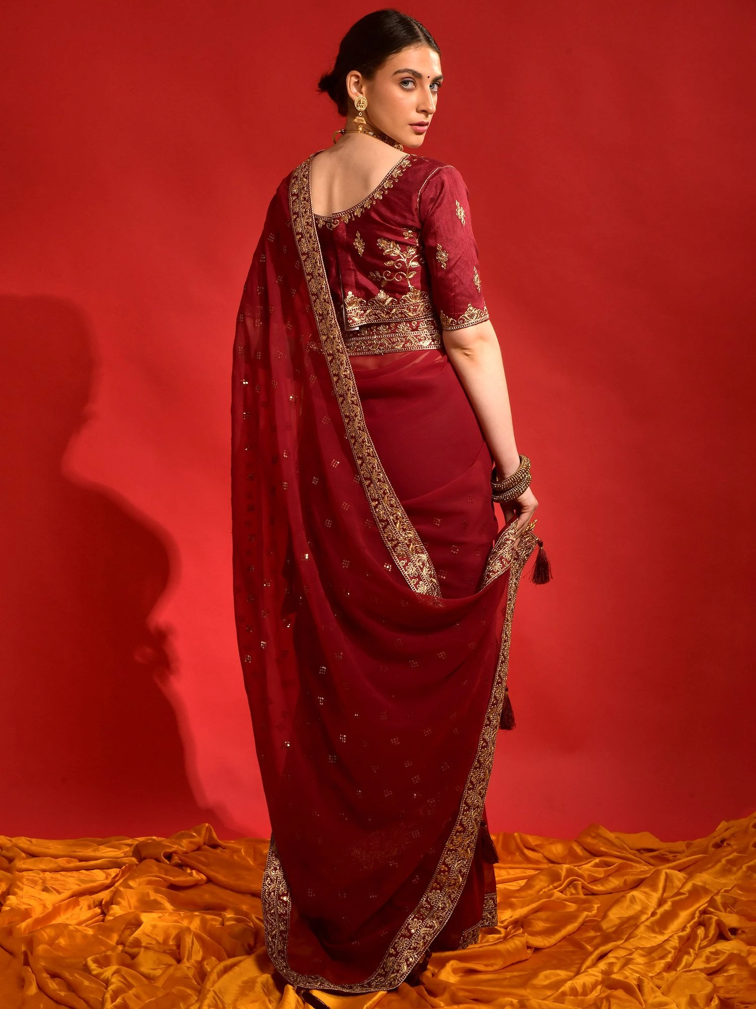 Red Zari Embroidered Saree In Georgette 5 Red Zari Embroidered Saree In Georgette - Image 3