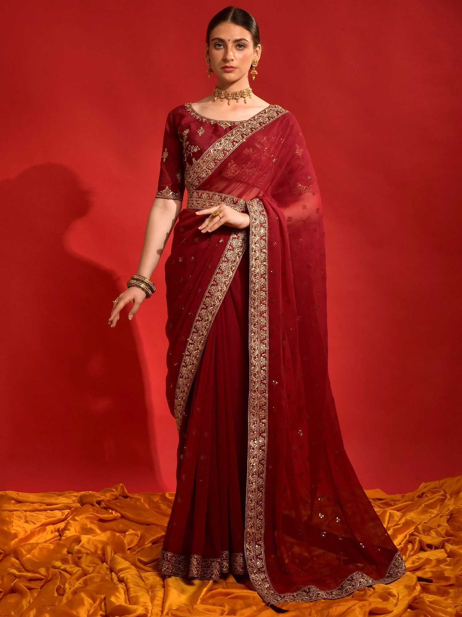 Red Zari Embroidered Saree In Georgette 3 Red Zari Embroidered Saree In Georgette