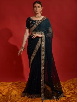 Blue Festive Sari With Embroidered Borders