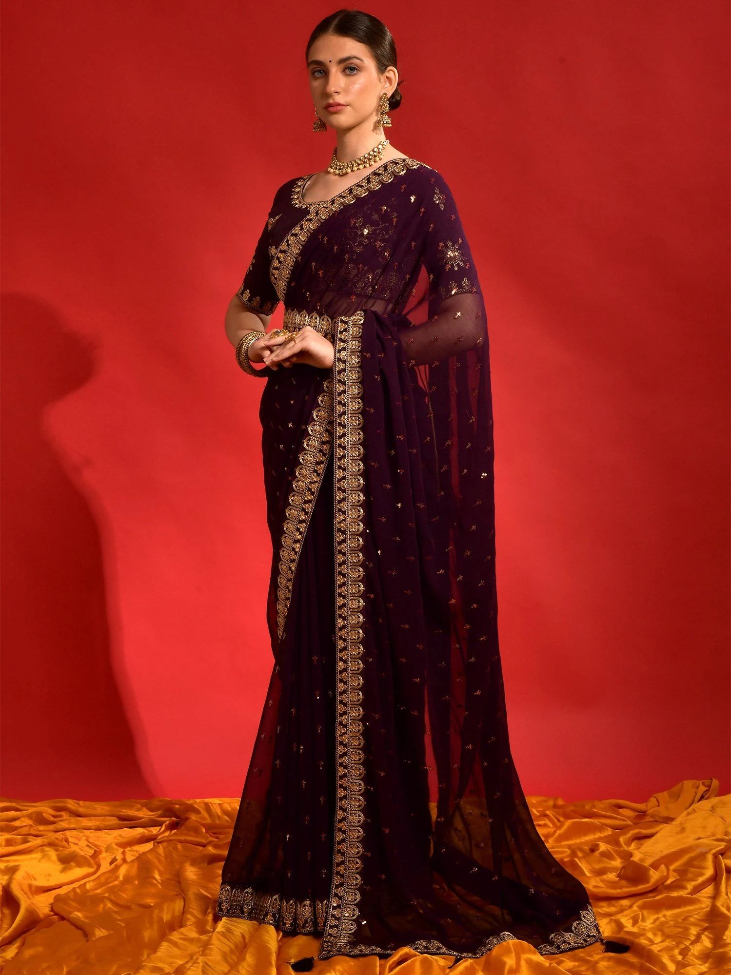 Purple Georgette Saree With Sequins Work 3 Purple Georgette Saree With Sequins Work