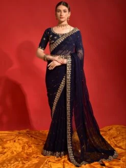 Blue Wedding Wear Georgette Sari With Blouse