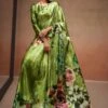 Green Party Wear Floral Satin Saree -Riwaayat Store p2236sr04
