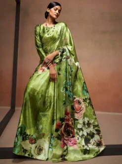 Green Party Wear Floral Satin Saree