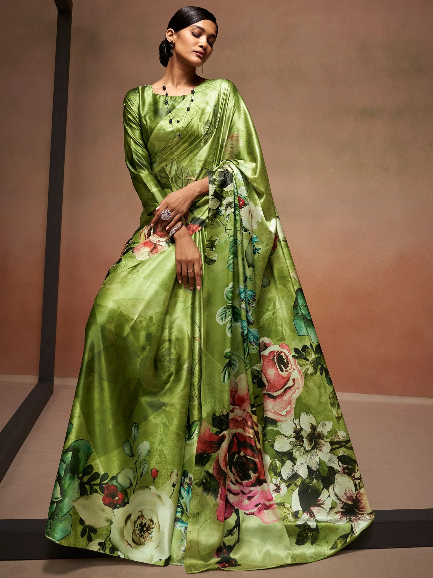 Green Party Wear Floral Satin Saree 3 Green Party Wear Floral Satin Saree