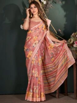 Peach Floral Printed Party Wear Saree