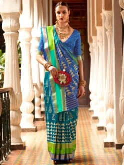 Blue Patola Printed Sari In Silk