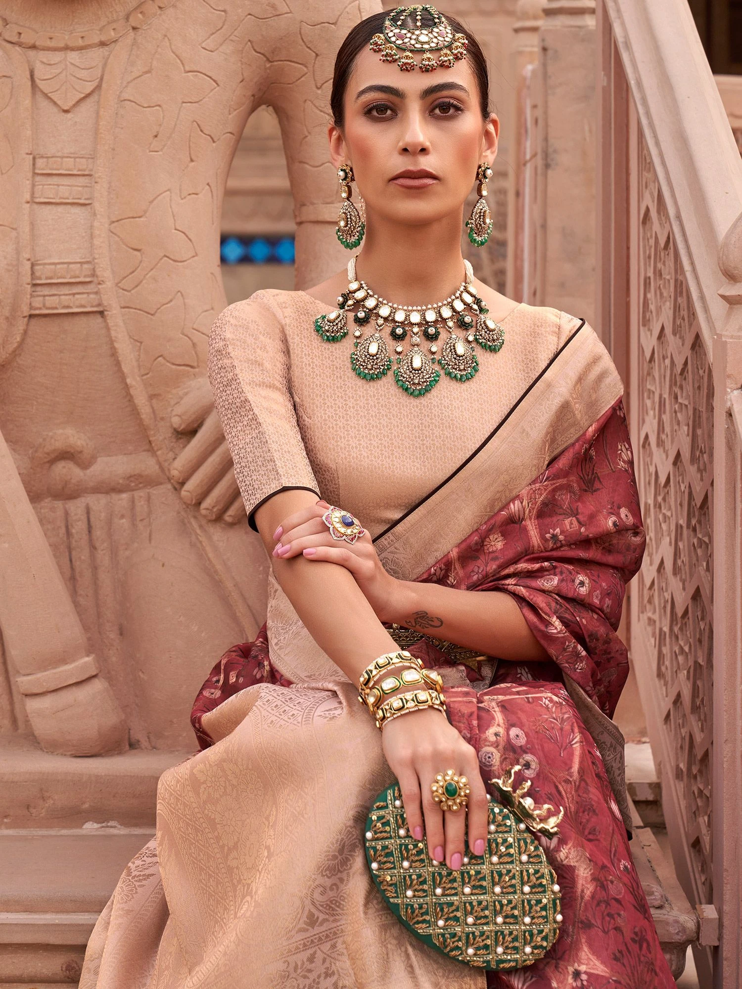 Brown Floral Printed Festive Sari In Organza 4 Brown Floral Printed Festive Sari In Organza - Image 2