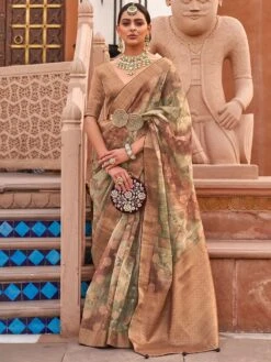 Beige Digital Printed Festive Sari In Organza