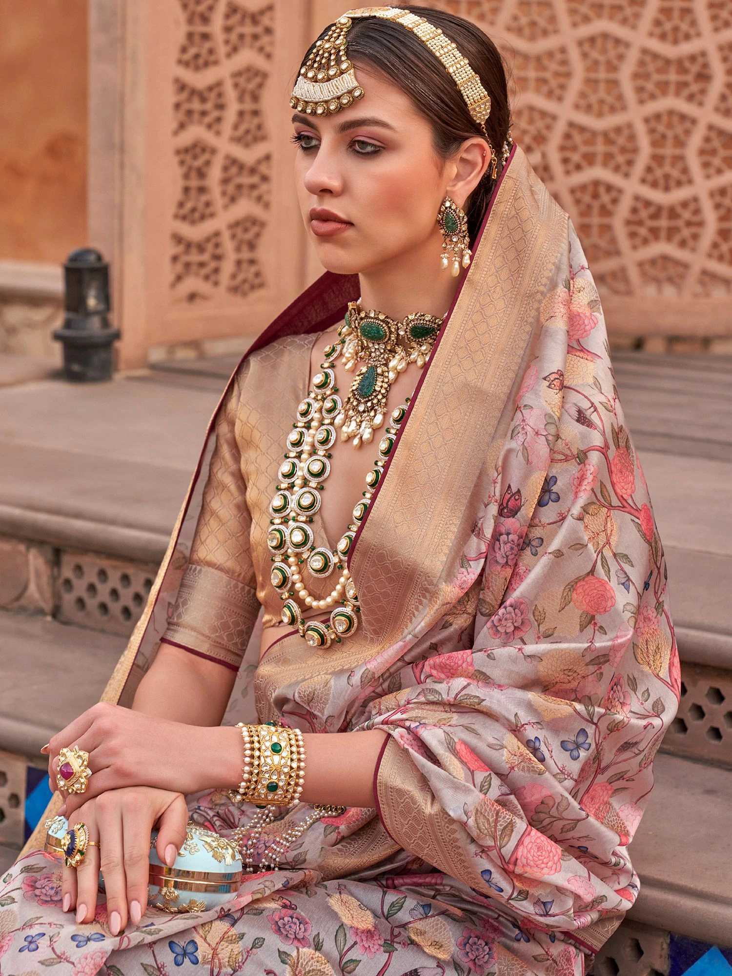 Off White Floral Printed Saree In Organza 4 Off White Floral Printed Saree In Organza - Image 2