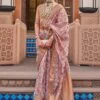 Off White Floral Printed Saree In Organza -Riwaayat Store p2240sr09