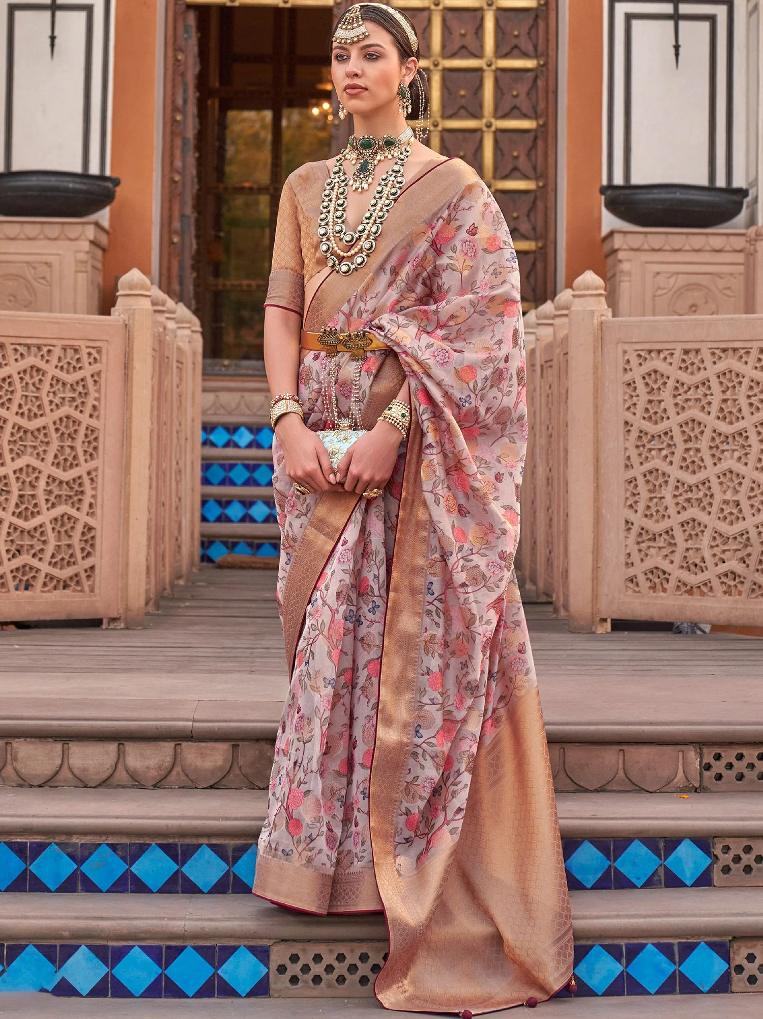 Off White Floral Printed Saree In Organza 3 Off White Floral Printed Saree In Organza