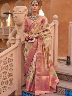 Cream Floral Printed Festive Sari In Organza