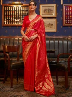Red Bridal Style Saree In Zari Woven