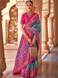 Blue Patola Printed Saree In Silk