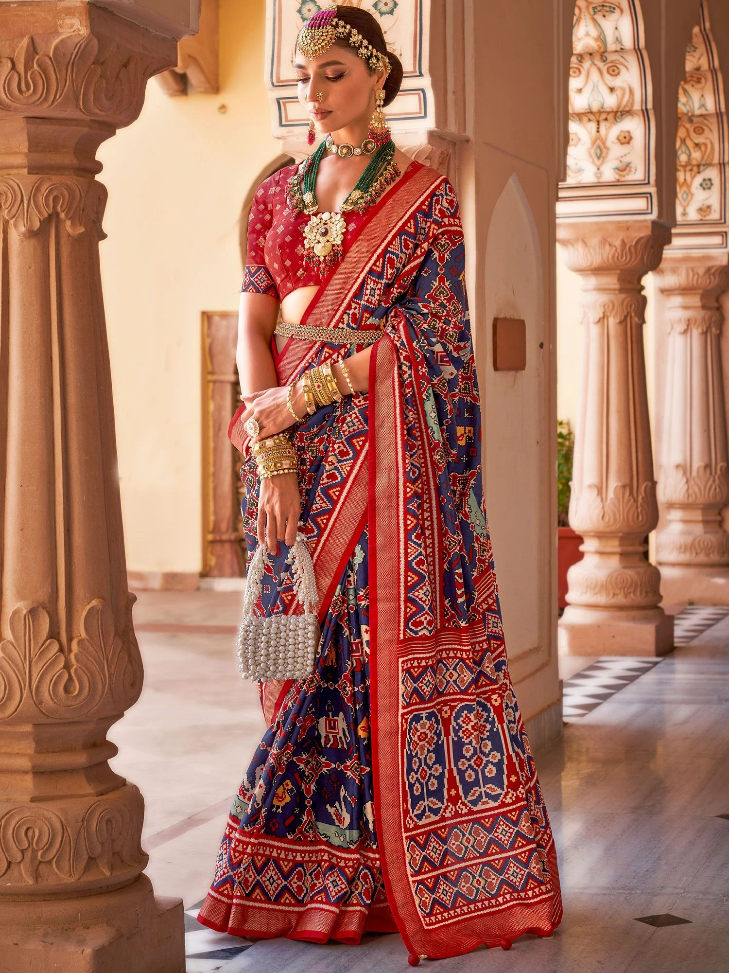 Blue Silk Saree In Patola Print With Blouse 3 Blue Silk Saree In Patola Print With Blouse