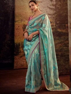 Blue Organza Zari Embroidered Saree With Blouse