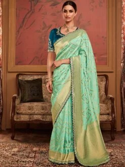 Turquoise Zari Woven Saree With Embroidered Blouse
