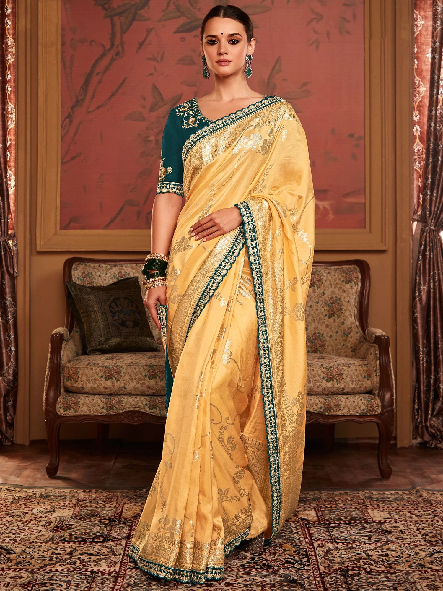 Yellow Traditional Silk Saree With Embroidered Blouse 3 Yellow Traditional Silk Saree With Embroidered Blouse