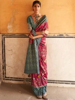 Pink Printed Saree In Tussar Silk With Blouse