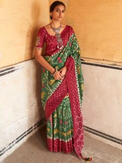 Green Festive Tussar Silk Saree With Blouse