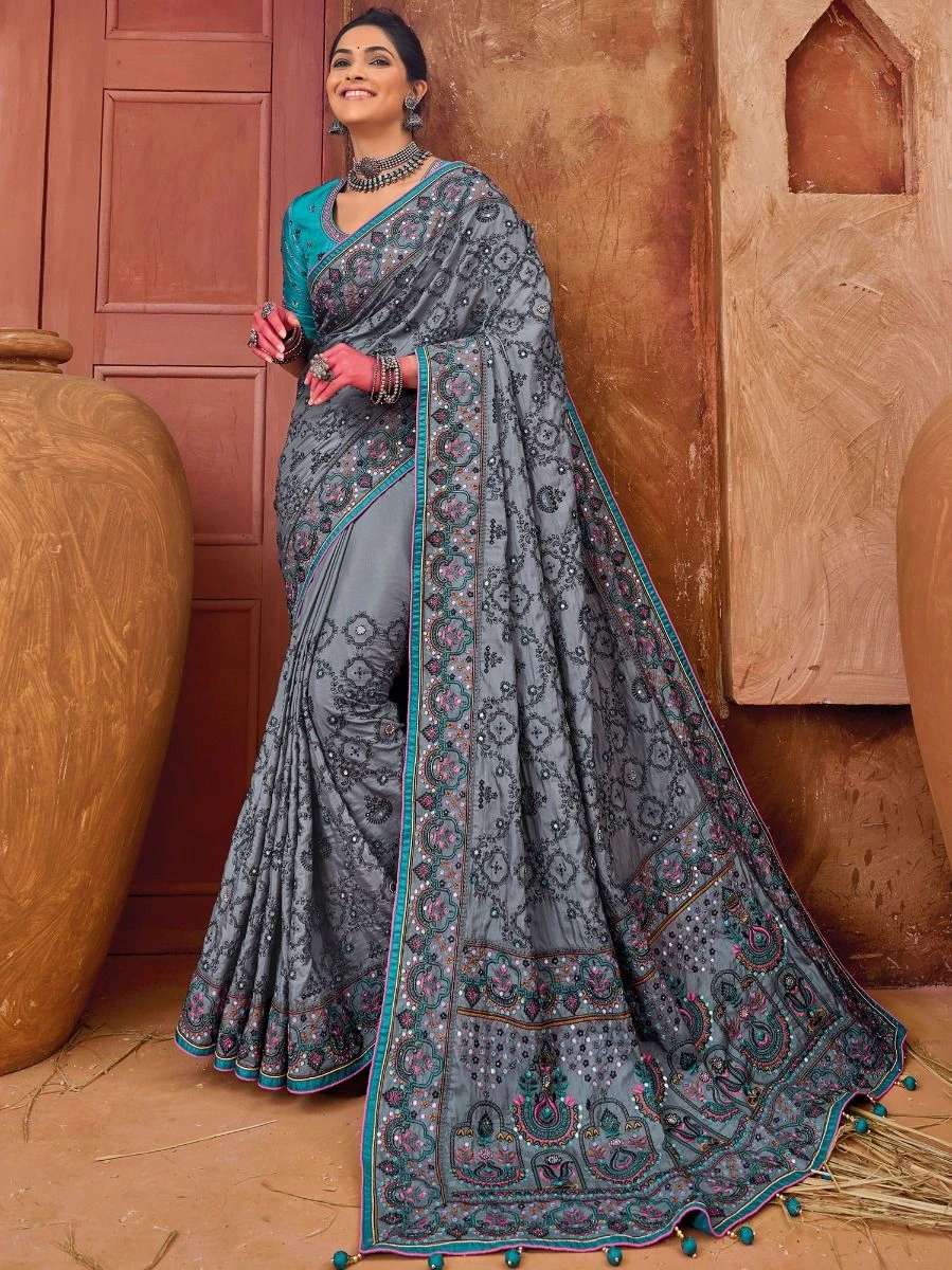Grey Thread Work Embroidery Banarasi Silk Saree 3 Grey Thread Work Embroidery Banarasi Silk Saree