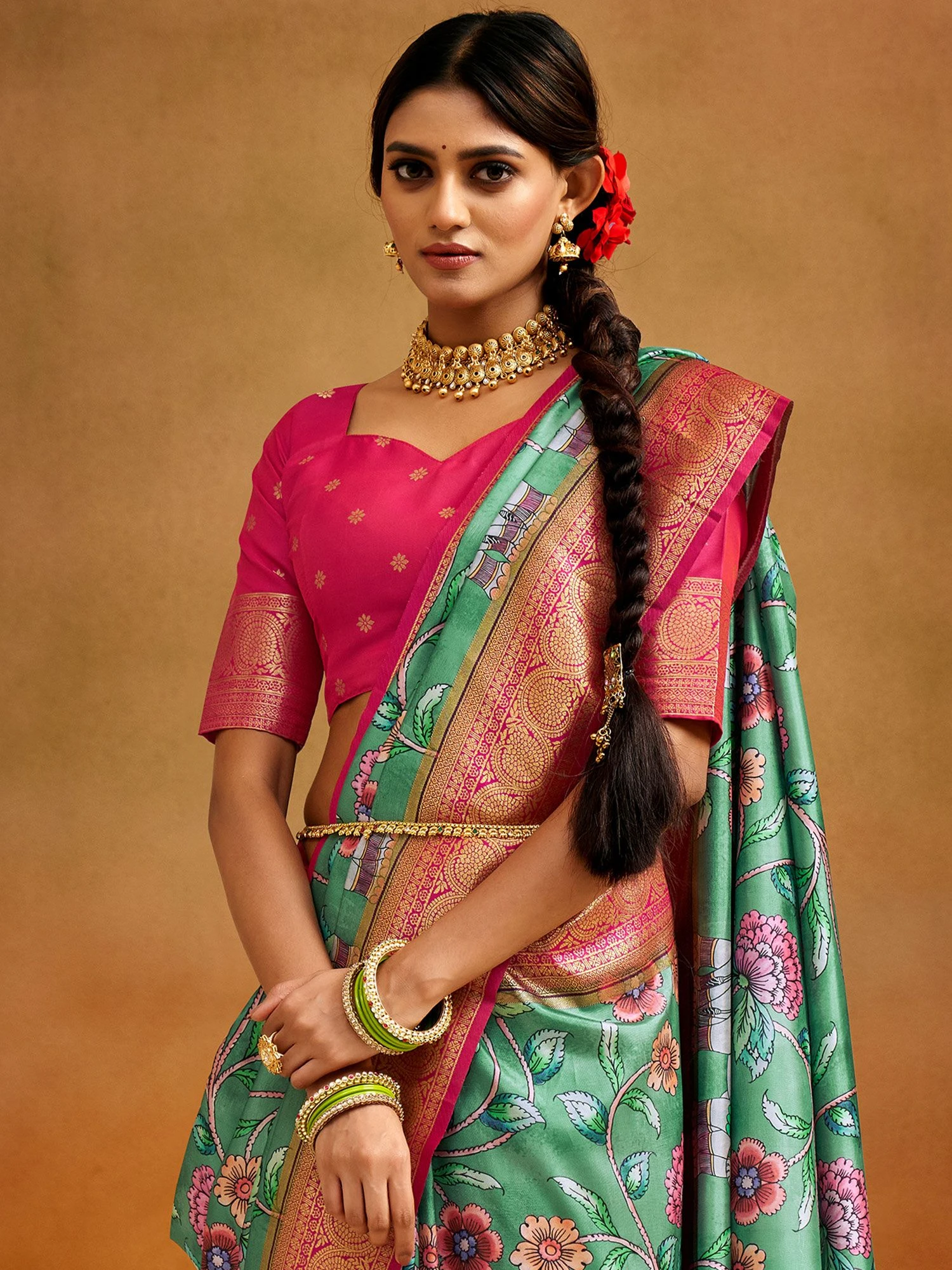 Green Silk Saree In Floral Prints With Blouse 4 Green Silk Saree In Floral Prints With Blouse - Image 2