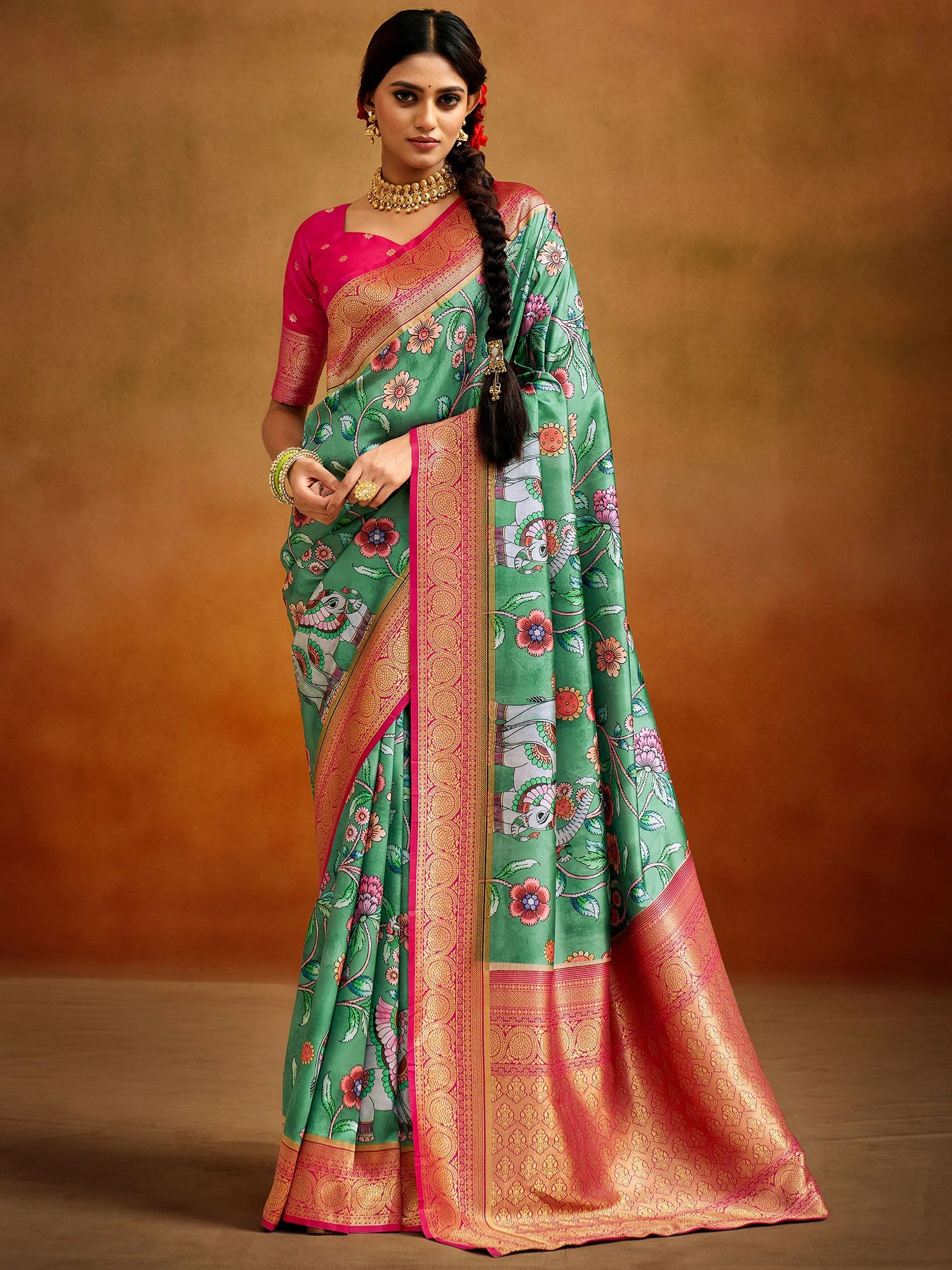 Green Silk Saree In Floral Prints With Blouse 3 Green Silk Saree In Floral Prints With Blouse