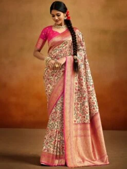 Cream Floral Printed Silk Saree With Blouse