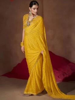 Yellow Chiffon Saree With Bandhej Prints