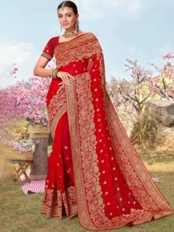 Red Zari Saree In Silk With Blouse