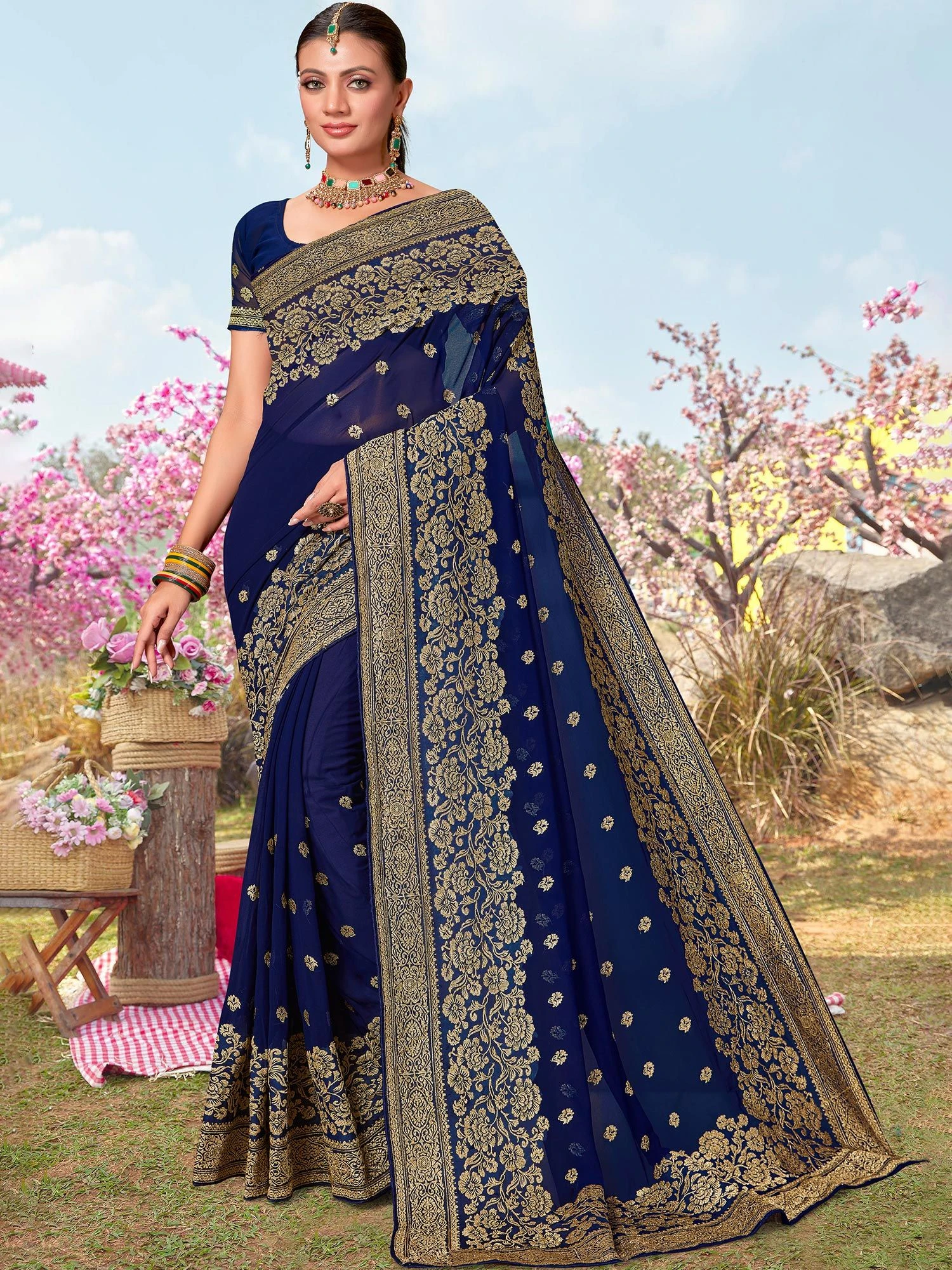 Blue Silk Saree With Woven Borders In Zari 3 Blue Silk Saree With Woven Borders In Zari