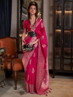 Pink Woven Pattern Saree With Zari In Georgette