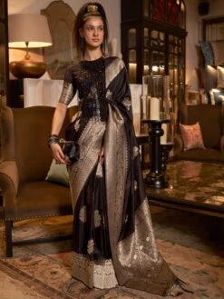 Black Georgette Saree In Zari Weaving With Blouse