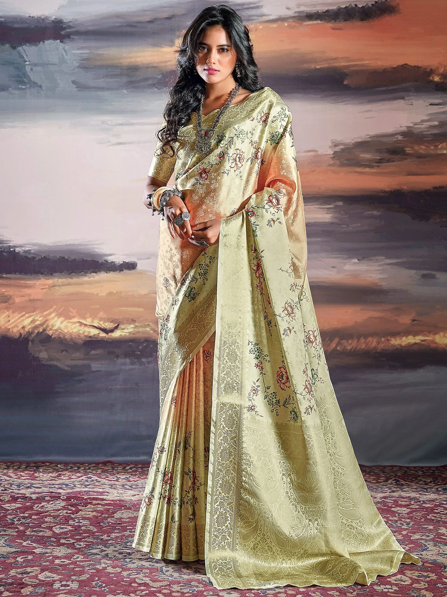 Green Digital Printed Shaded Saree In Satin 3 Green Digital Printed Shaded Saree In Satin