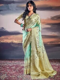 Blue Floral Print Saree In Satin With Woven Blouse