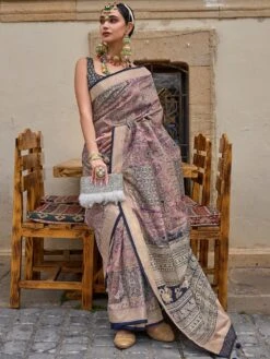 Pink Digital Printed Saree With Blouse In Silk