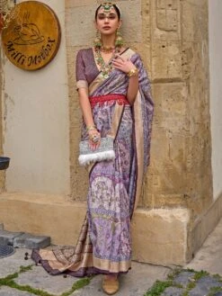 Purple Floral Printed Saree In Silk With Blouse