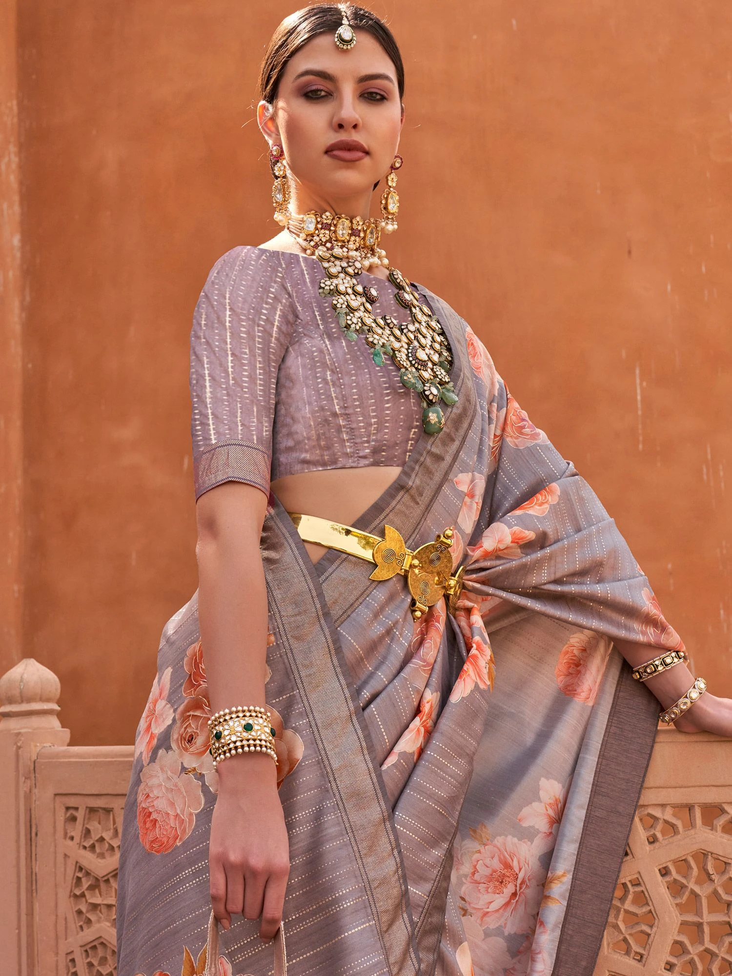 Grey Floral Print Saree In Art Silk With Blouse 4 Grey Floral Print Saree In Art Silk With Blouse - Image 2