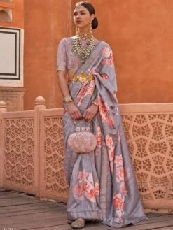 Grey Floral Print Saree In Art Silk With Blouse