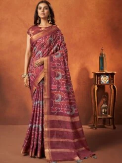 Red Party Wear Saree With Digital Print