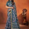 Blue Floral Printed Saree In Crepe With Blouse -Riwaayat Store p2283sr08